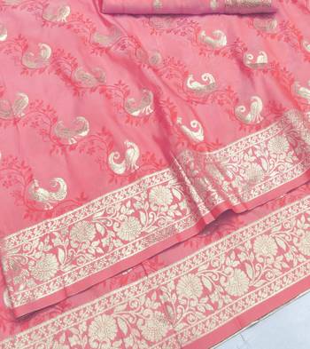 Pink zari woven silk blend saree with blouse piece 3