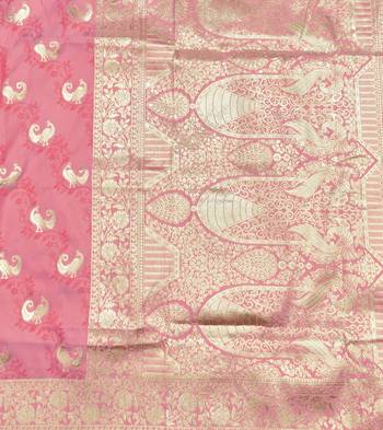 Pink zari woven silk blend saree with blouse piece 5