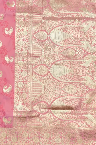 Pink zari woven silk blend saree with blouse piece