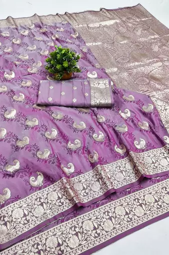 Wine zari woven banarasi silk blend saree with blouse piece
