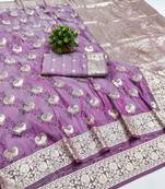 Wine zari woven banarasi silk blend saree with blouse piece