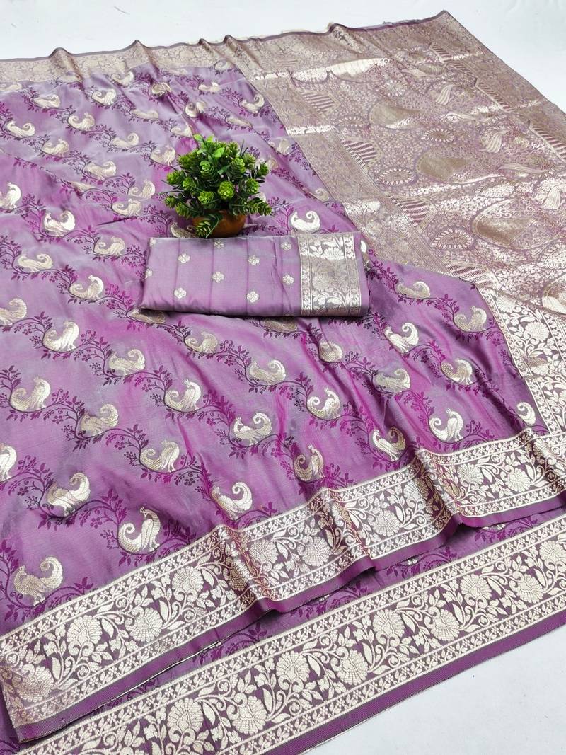 Wine zari woven banarasi silk blend saree with blouse piece