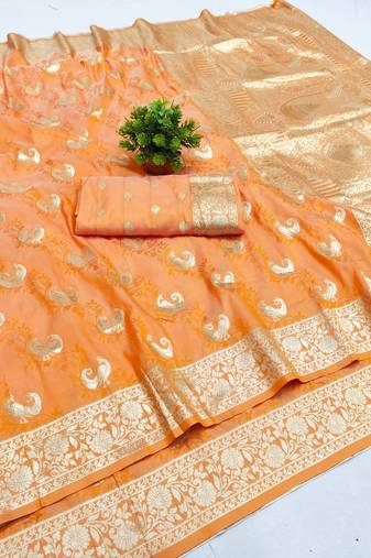Orange zari woven banarasi silk blend saree with blouse piece