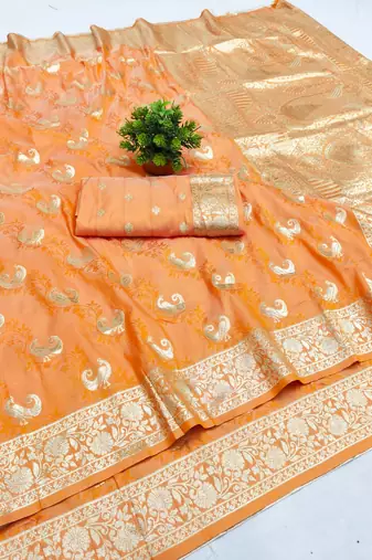 Orange zari woven banarasi silk blend saree with blouse piece