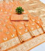 Orange zari woven banarasi silk blend saree with blouse piece