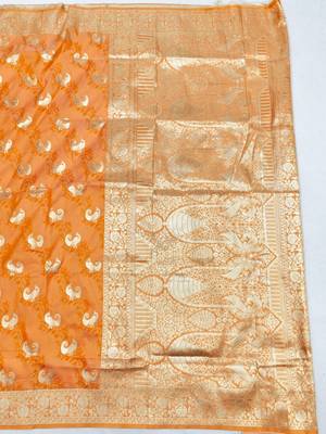Orange zari woven silk blend saree with blouse piece 2