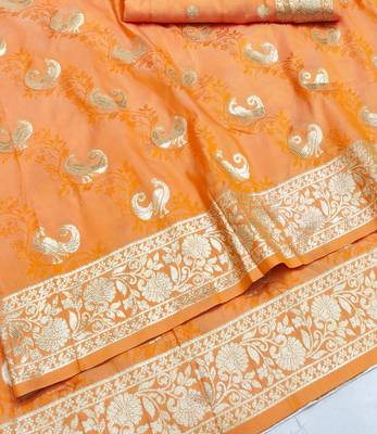 Orange zari woven silk blend saree with blouse piece 3