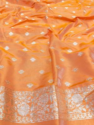 Orange zari woven silk blend saree with blouse piece 4