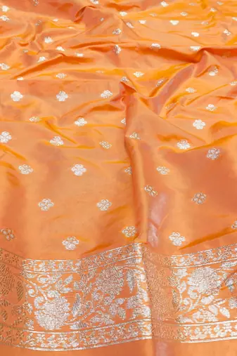 Orange zari woven silk blend saree with blouse piece