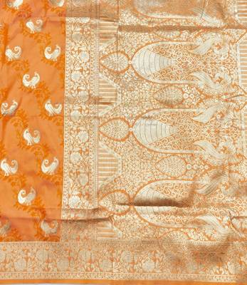 Orange zari woven silk blend saree with blouse piece 5