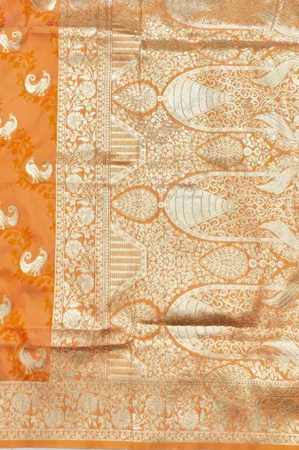 Orange zari woven silk blend saree with blouse piece