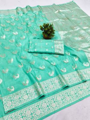 Light blue zari woven silk blend saree with blouse piece 1