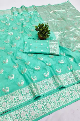 Light blue zari woven silk blend saree with blouse piece