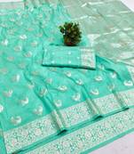 Light blue zari woven banarasi silk blend saree with blouse piece