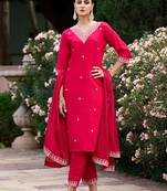 Floral embroidered cotton silk v neck kurta trouser & dupatta