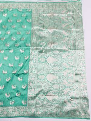Light blue zari woven silk blend saree with blouse piece 2