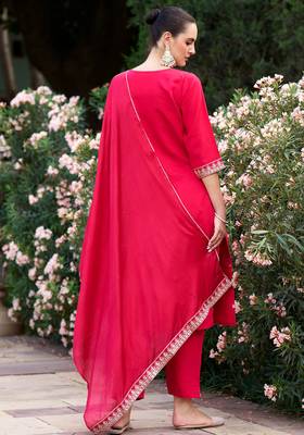 Floral embroidered cotton silk v neck kurta trouser & dupatta 2