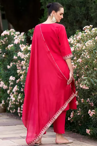 Floral embroidered cotton silk v neck kurta trouser & dupatta