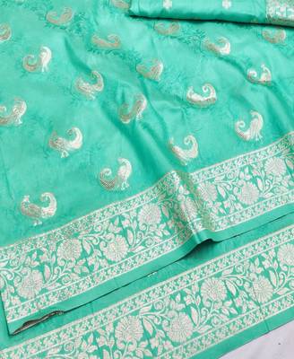 Light blue zari woven silk blend saree with blouse piece 3