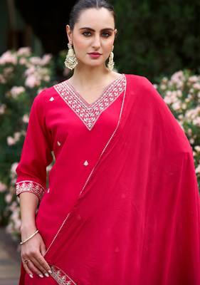 Floral embroidered cotton silk v neck kurta trouser & dupatta 3