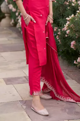Floral embroidered cotton silk v neck kurta trouser & dupatta 4