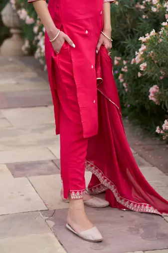Floral embroidered cotton silk v neck kurta trouser & dupatta