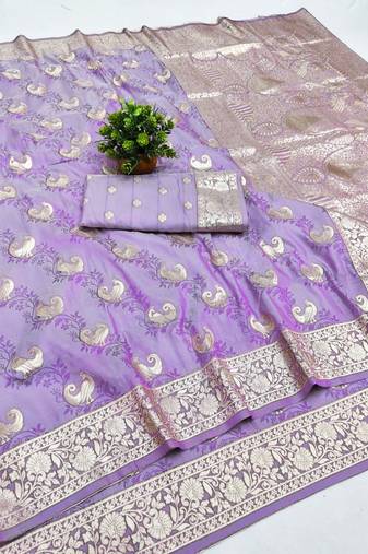 Purple zari woven banarasi silk blend saree with blouse piece
