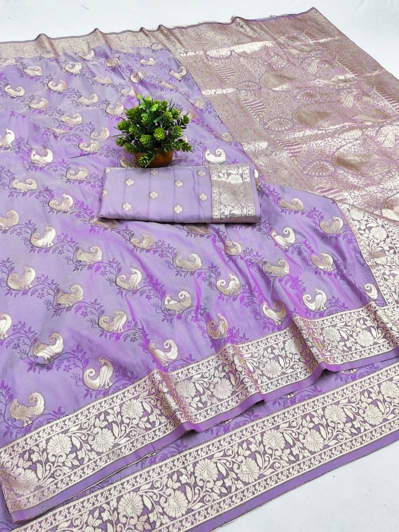 Purple zari woven banarasi silk blend saree with blouse piece