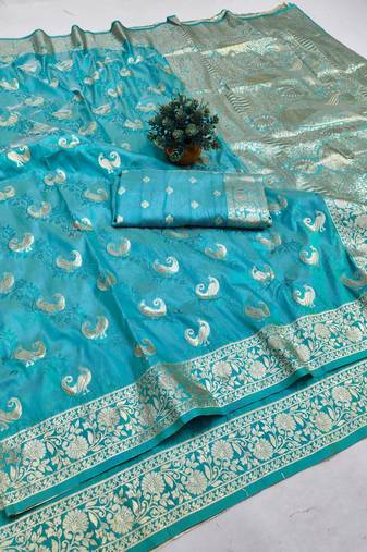 Blue zari woven banarasi silk blend saree with blouse piece