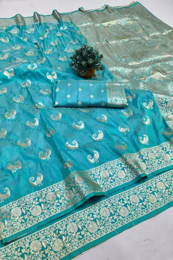 Blue zari woven silk blend saree with blouse piece