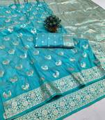 Blue zari woven banarasi silk blend saree with blouse piece