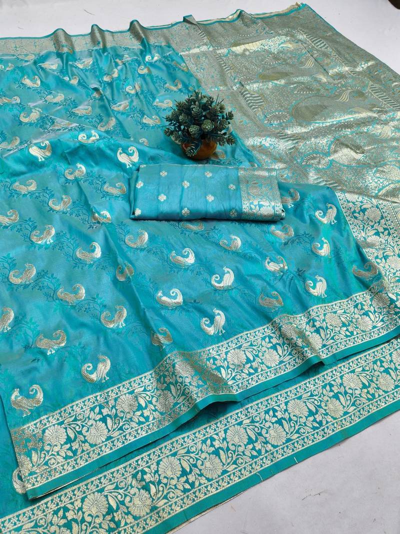 Blue zari woven banarasi silk blend saree with blouse piece