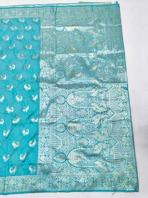 Blue zari woven silk blend saree with blouse piece 2