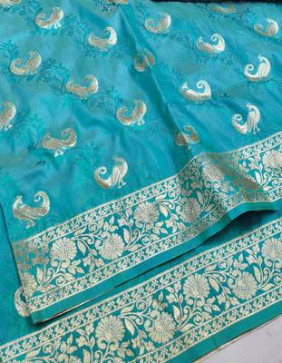Blue zari woven silk blend saree with blouse piece 3