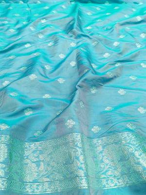 Blue zari woven silk blend saree with blouse piece 4