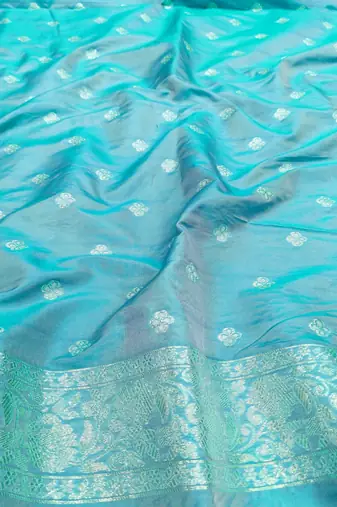 Blue zari woven silk blend saree with blouse piece