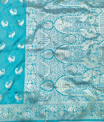 Blue zari woven silk blend saree with blouse piece 5