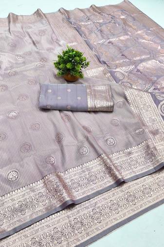 Lavender zari woven silk blend saree with blouse piece
