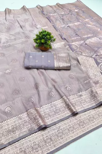 Lavendor zari woven banarasi silk blend saree with blouse piece