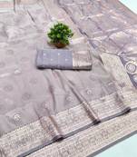 Lavendor zari woven banarasi silk blend saree with blouse piece