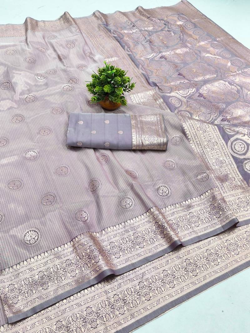 Lavendor zari woven banarasi silk blend saree with blouse piece