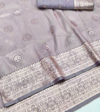 Lavender zari woven silk blend saree with blouse piece 4