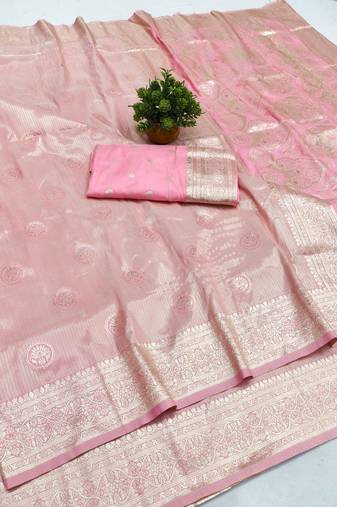 Pink zari woven banarasi silk blend saree with blouse piece