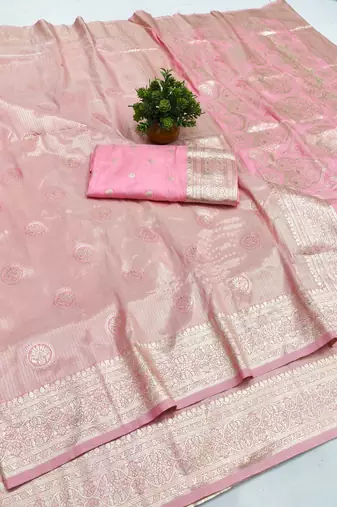 Pink zari woven silk blend saree with blouse piece