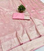 Pink zari woven banarasi silk blend saree with blouse piece