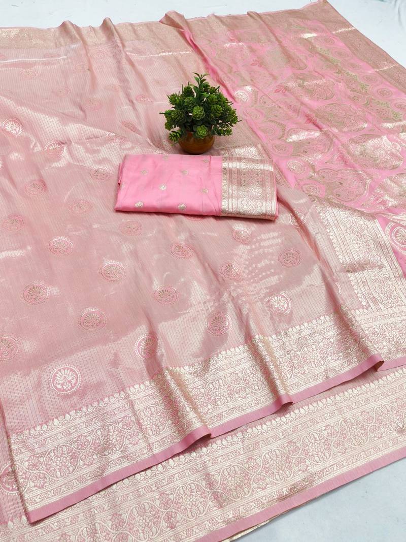 Pink zari woven banarasi silk blend saree with blouse piece