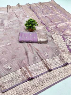 Purple zari woven silk blend saree with blouse piece 1