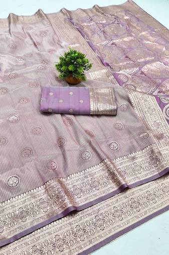Purple zari woven banarasi silk blend saree with blouse piece