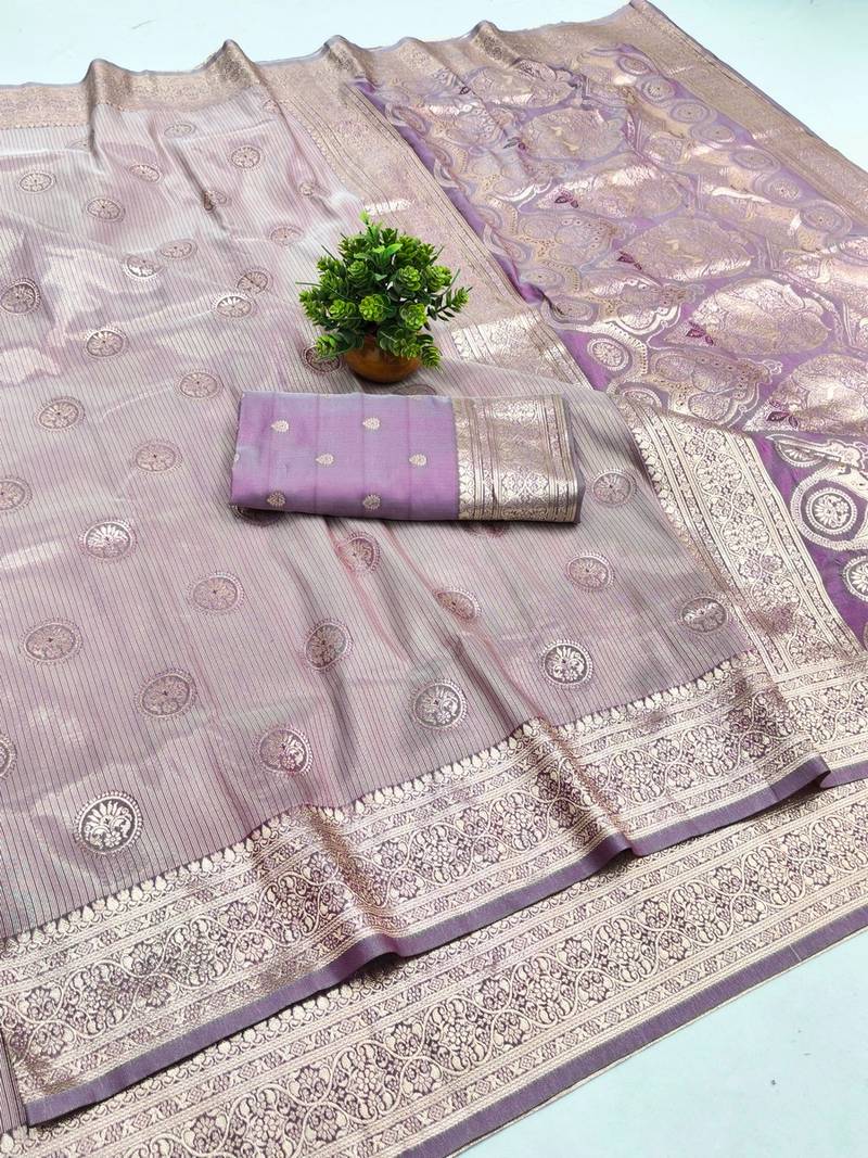 Purple zari woven banarasi silk blend saree with blouse piece