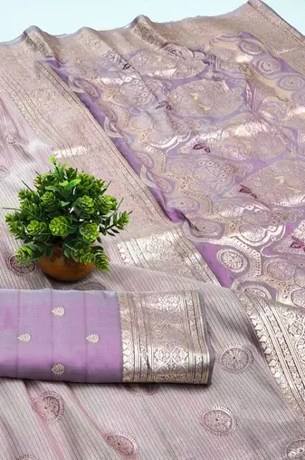 Purple zari woven silk blend saree with blouse piece